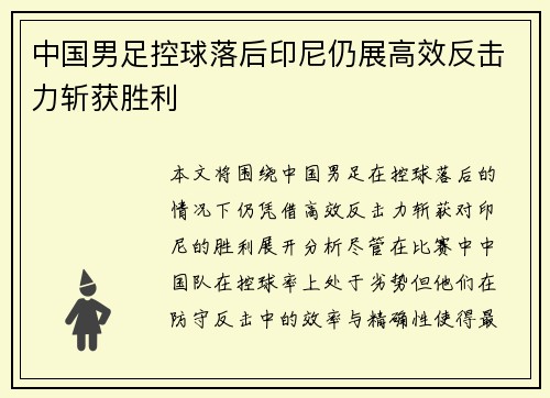 中国男足控球落后印尼仍展高效反击力斩获胜利