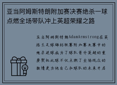 亚当阿姆斯特朗附加赛决赛绝杀一球点燃全场带队冲上英超荣耀之路