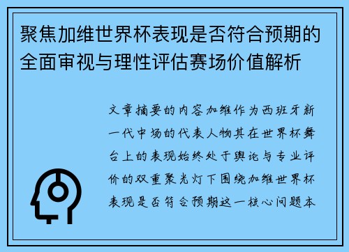 聚焦加维世界杯表现是否符合预期的全面审视与理性评估赛场价值解析